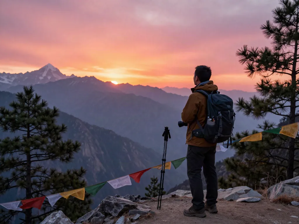 Manaslu Trek traveler enjoying sunset at mountain viewpoint with vibrant scenery.
