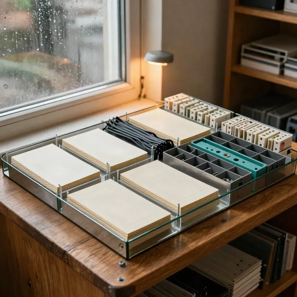Audit trays and adapters on a warm oak shelf in soft daylight.
