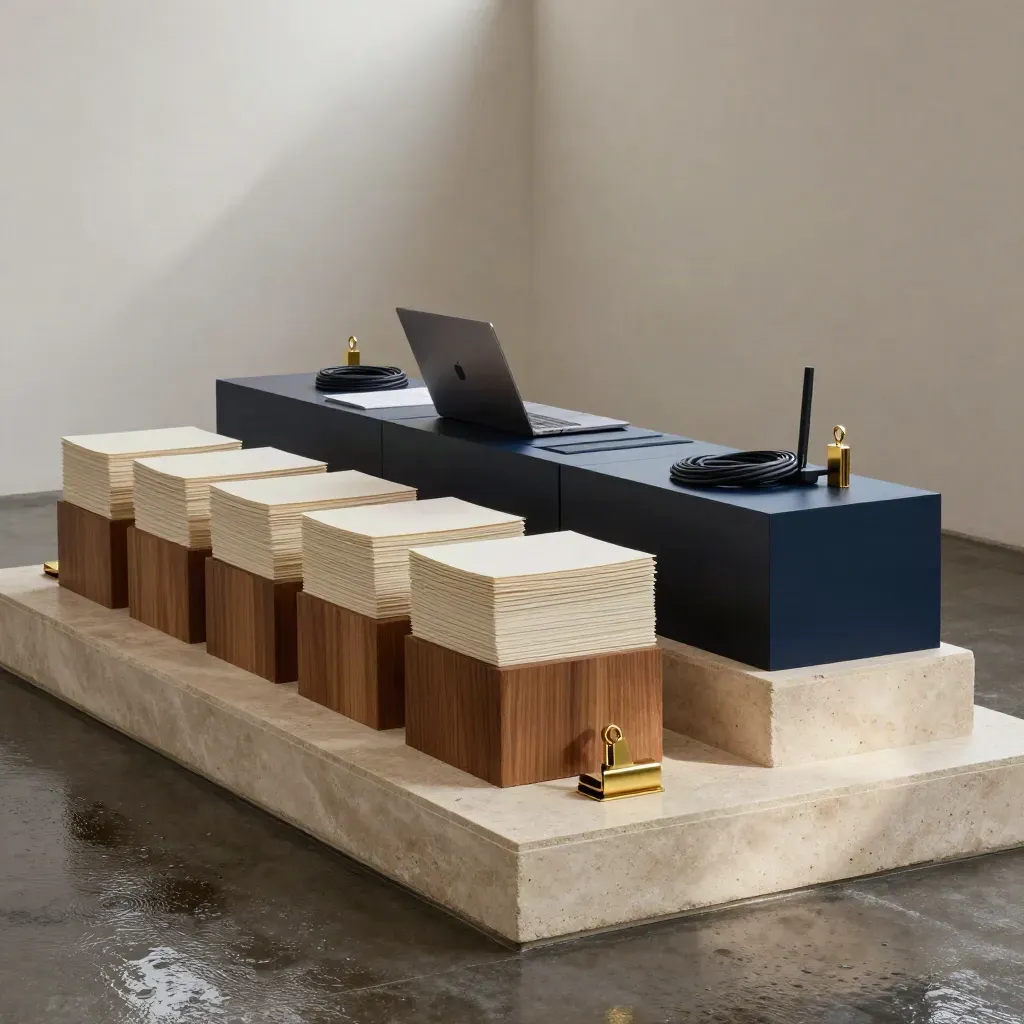 Consulting workflow atelier with stone plinths, laptop, router, cables and brass clips in rain-lit haze.