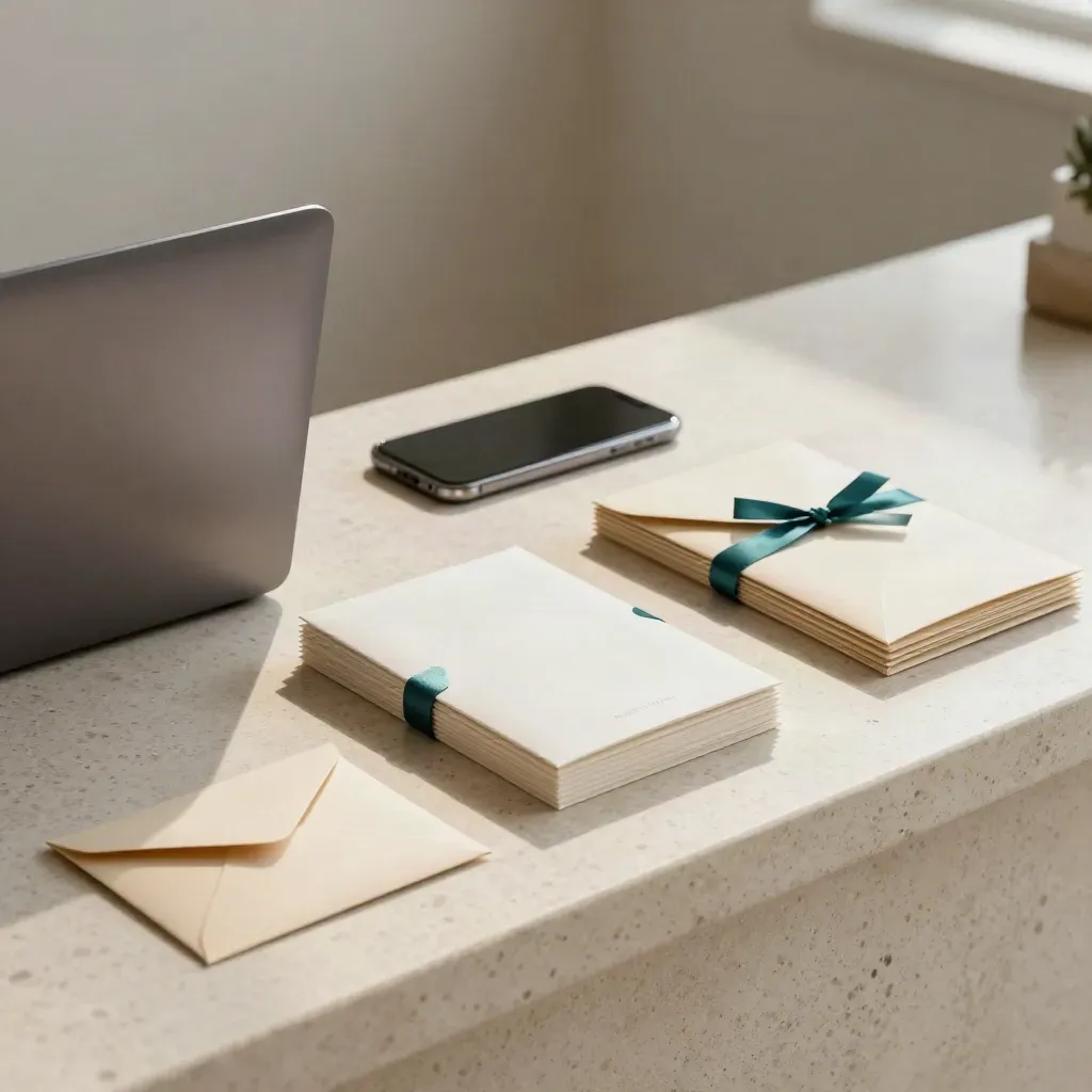 Closed laptop, face-down phone, welcome kit envelopes and blank cards on a travertine ledge.