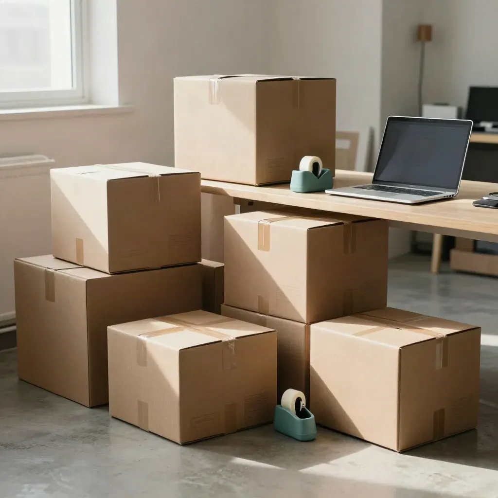 Startup launch packing station with cartons, closed laptop, teal tape dispenser, morning light