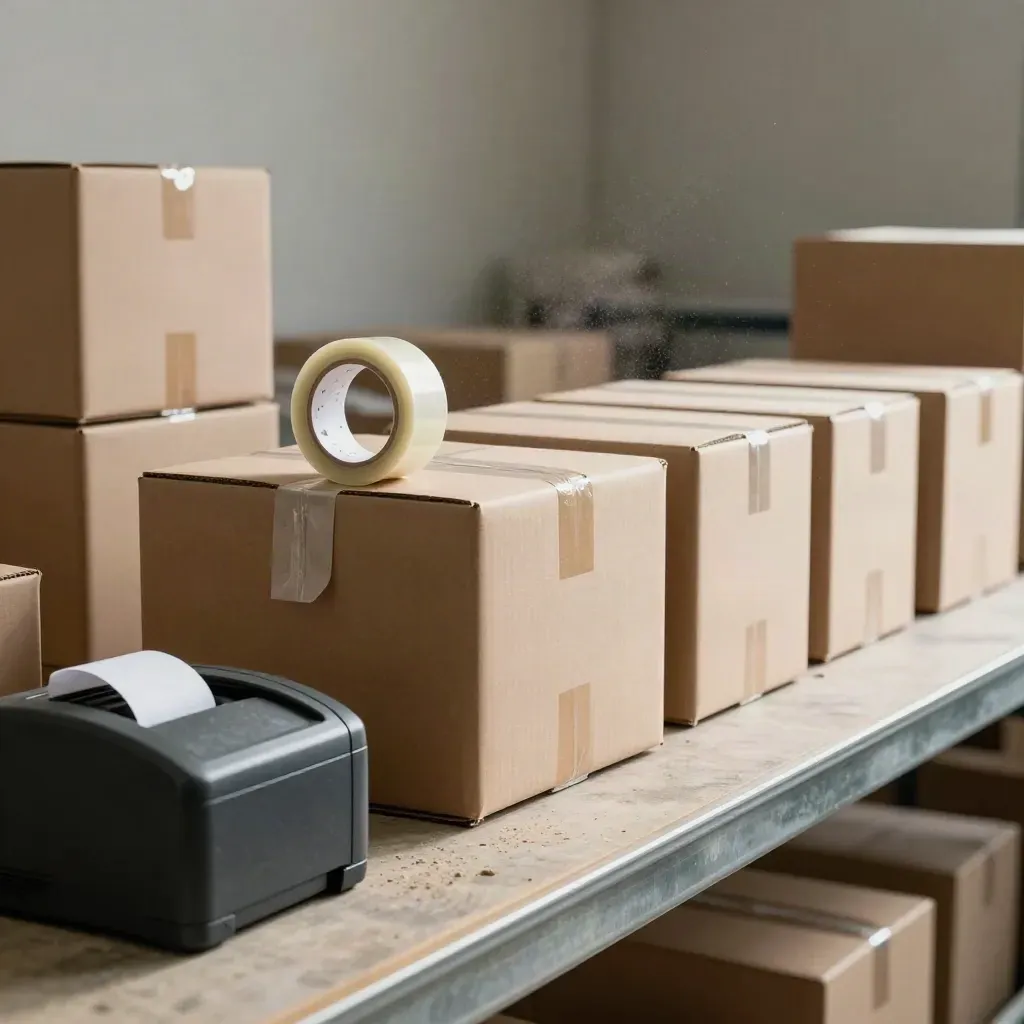 Packing lane with sealed boxes, tape ribbon, sort bins, and an idle receipt printer.