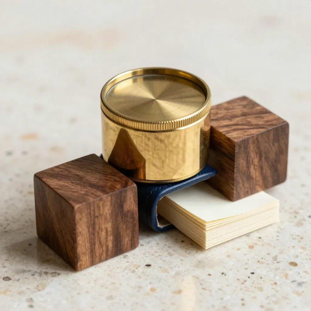 Brass paperweight, walnut decision blocks and cream presentation stock on pale travertine.