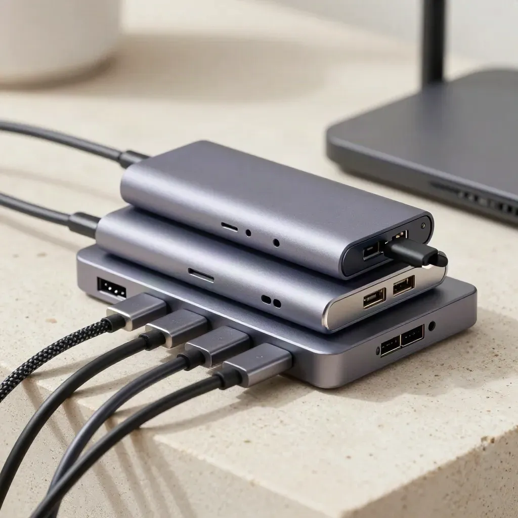 Device stack with USB-C hub, SSD, charger block, braided cables and router on pale stone.