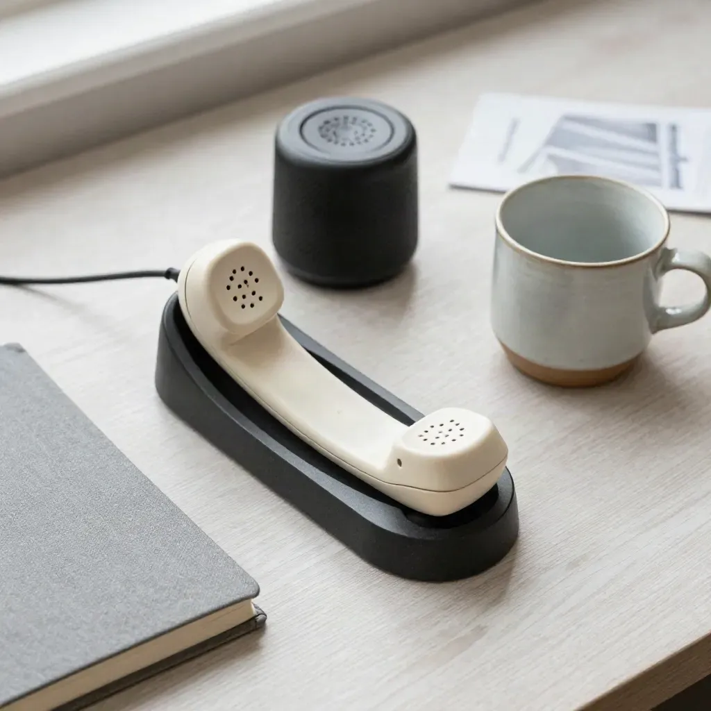 Pale-wood call setup with handset, speaker, closed notebook, ceramic cup, and soft daylight.