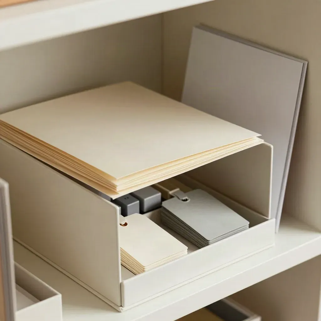 Open storage box, blank folders, adapter pieces, and neutral tags on a pale shelf.