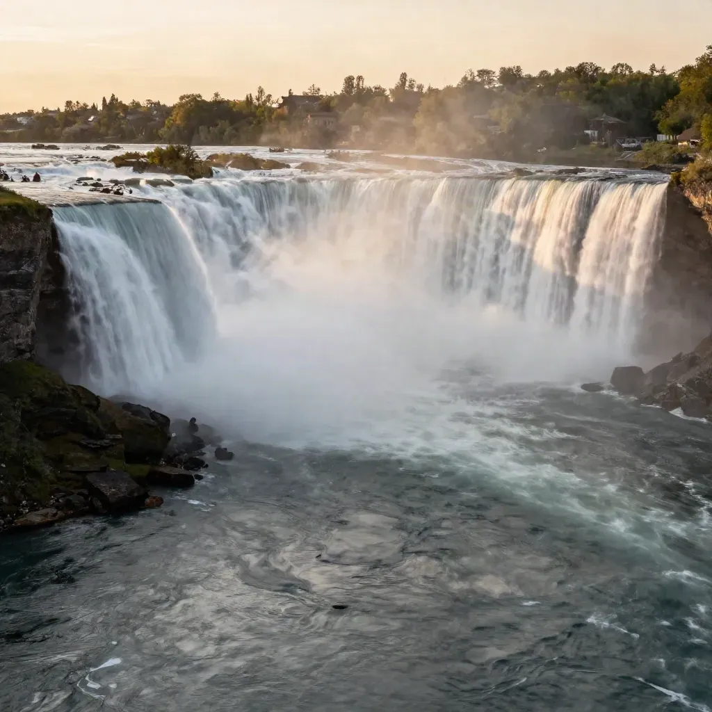 Niagara Falls at sunset, amber water and white mist high in frame with calm low haze below.